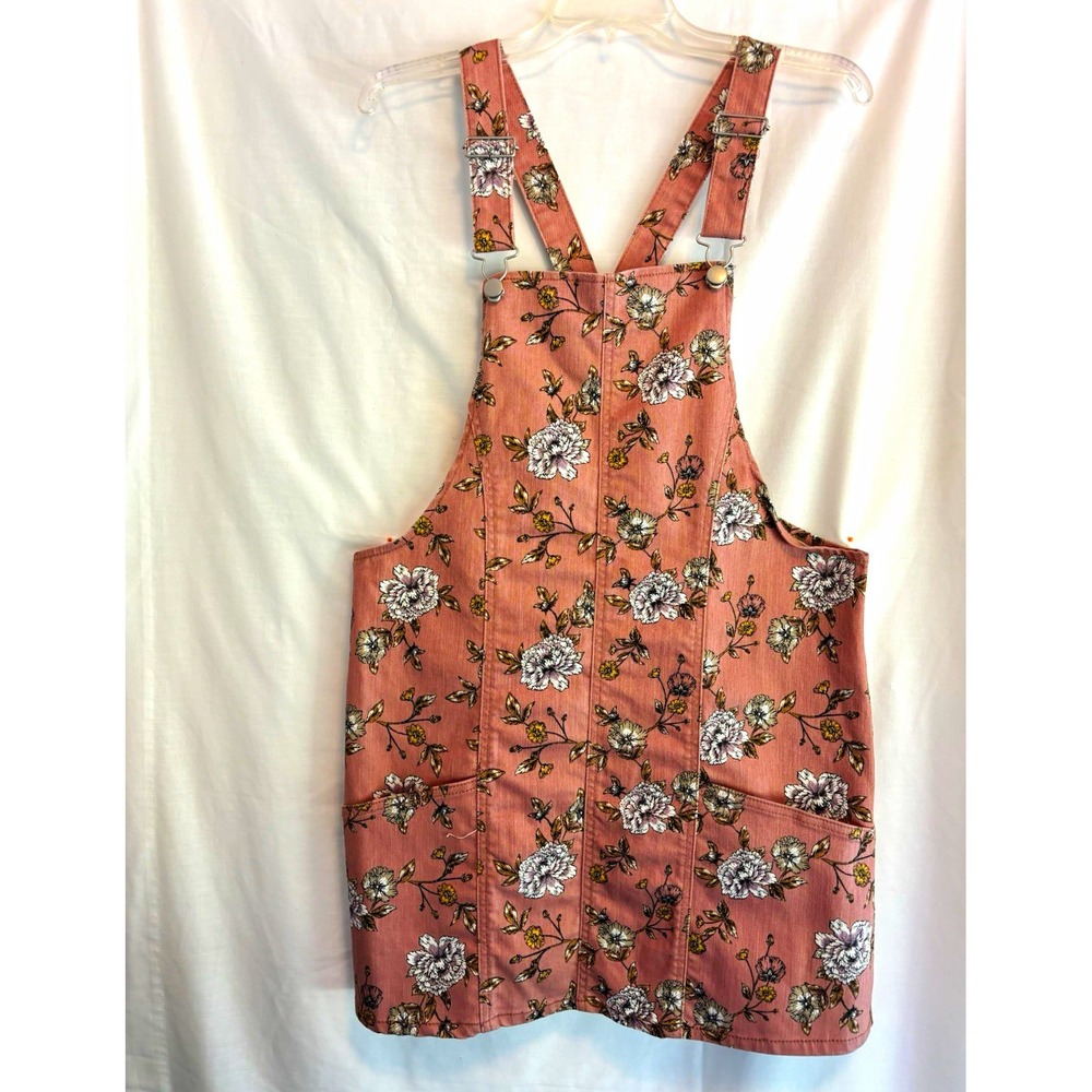 No Boundaries Juniors Pink Floral Denim Overall Jumper Romper L Pockets